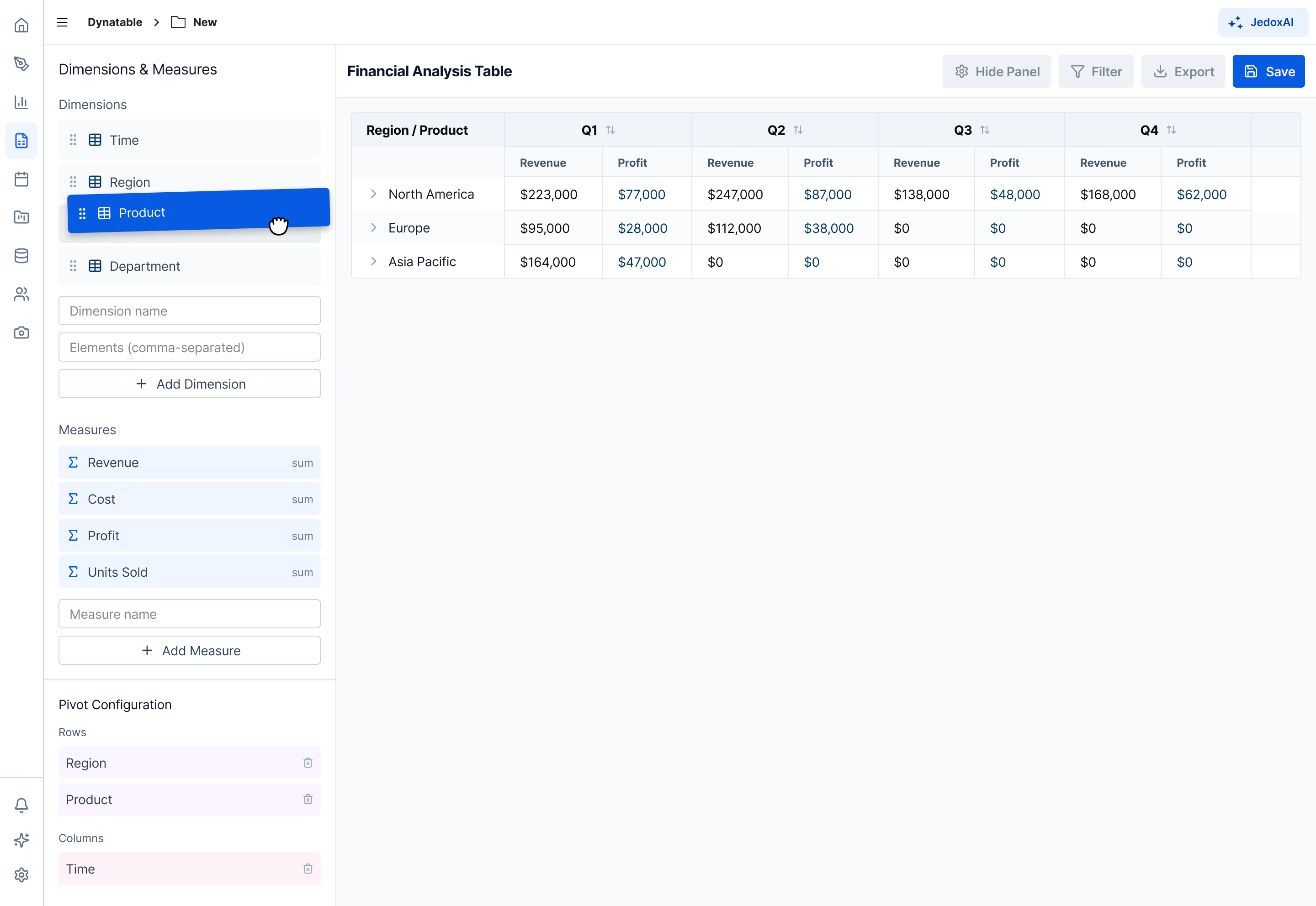 Dynatable: a financial analysis table with dimensions and measures