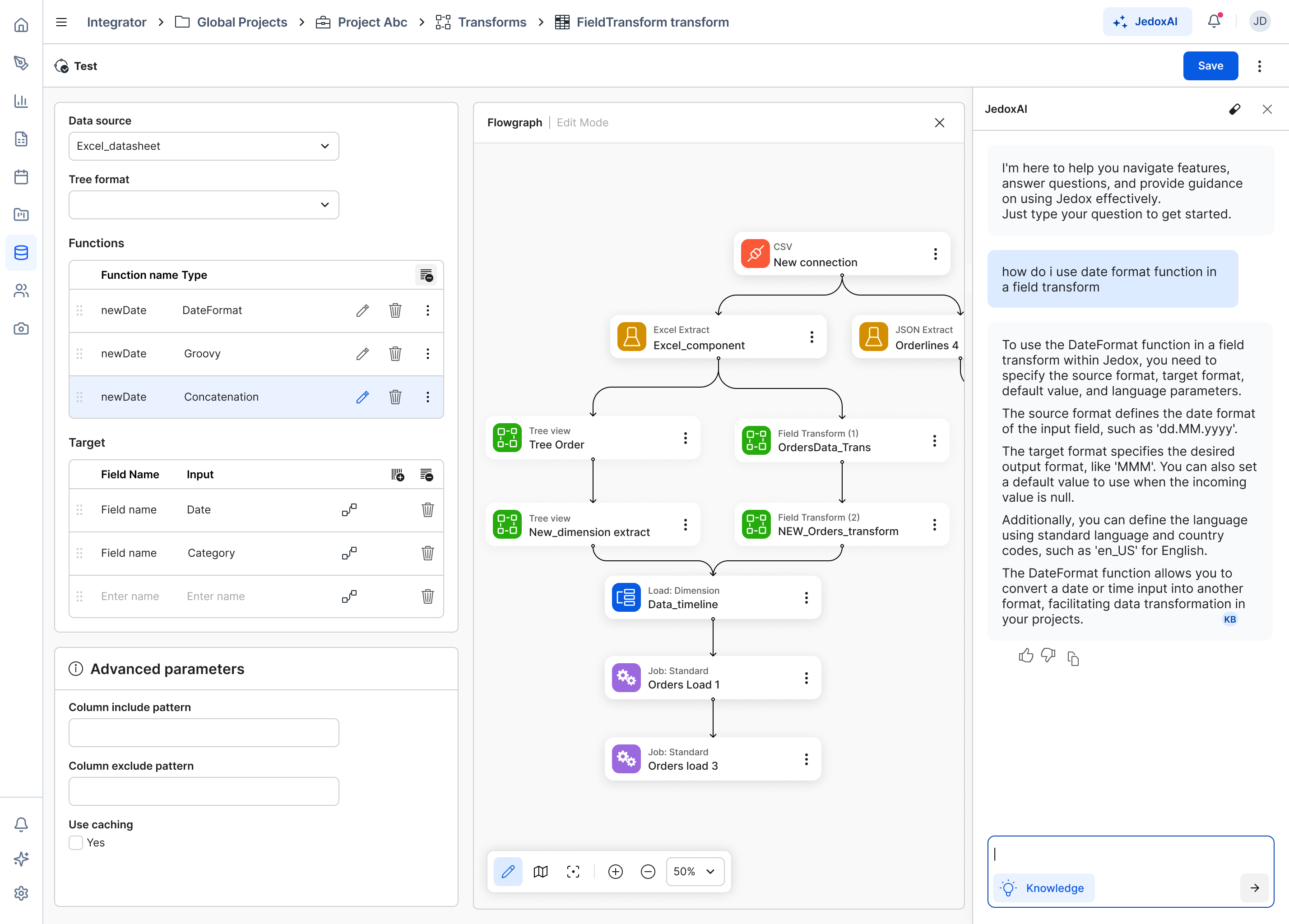 The Integrator flowgraph with the JedoxAI assistant answering a question
