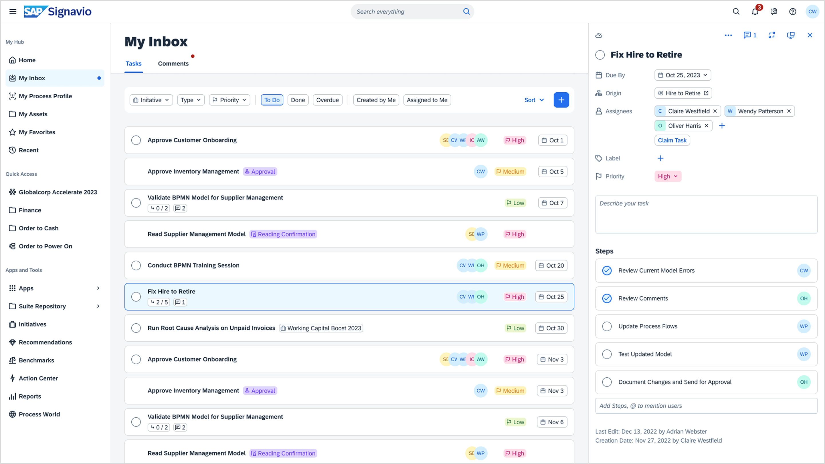 My Inbox: a task list with a task detail panel showing assignees and steps